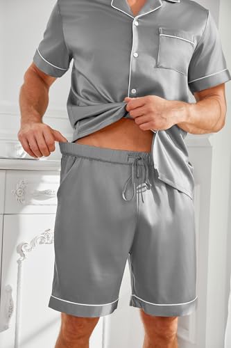 Vssjavun Mens Satin Silk Pajamas Sets Short Sleeve Button-Down Sleepwear Two Piece Loungewear with Pockets