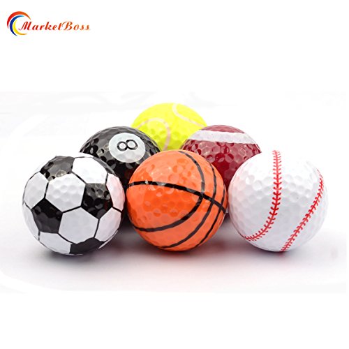 Marketboss 6 Pcs Golf Balls (Basketball, Football, Volleyball,Tennis, Baseball, 8-Ball) Double-Layer Construction 75% Strong Resilience Force Sports Practice Novelty Balls Golf Balls Gift #TOP3