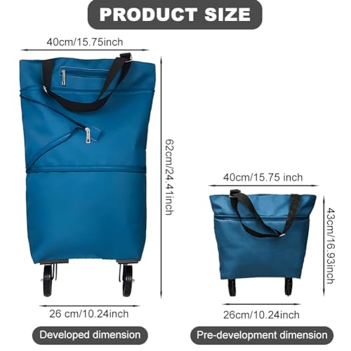 JIANWEI Collapsible Shopping Cart with 360° Swivel Wheels, Portable Folding Trolle-y Grocery Bag, Reusable Foldable Tote Grocery Cart Large Capacity Used for Travel and Home(Lake Blue)