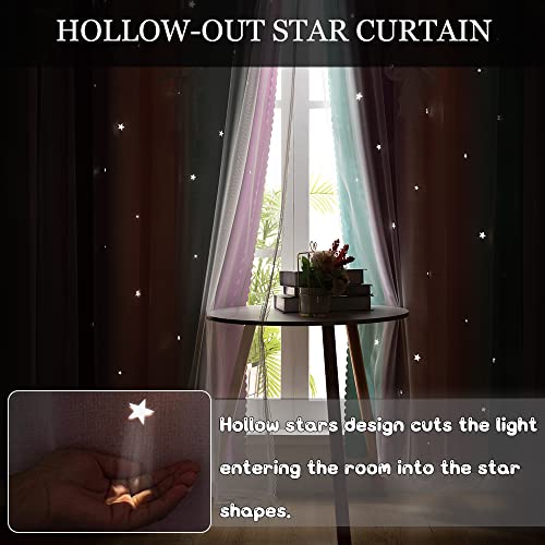 Image of Yancorp Curtains for Girls Bedroom Kids Curtain Hollow-Out Star Window Nursery Curtain 96 inches Length Room Darkening Grommet 2 Layers (Green Pink Purple, W52 X L96)