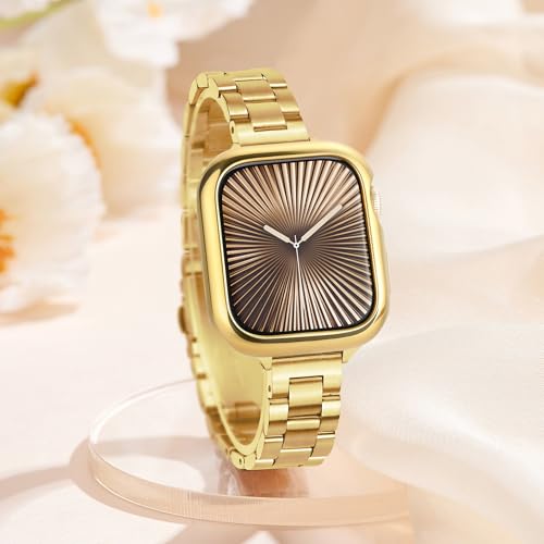 Image of Slim Metal Band for Apple Watch Bands for Women 42mm Series 11 10 iWatch Bands with Protective Case, Stainless Steel Thin Dressy Cute Fancy Strap for Apple Watch Series 11 & 10 42mm Band-Gold