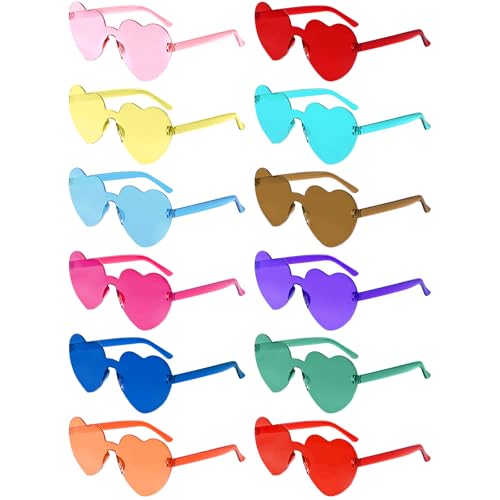 Morcheiong Embalagem de 12/24/36/48 lentes de sol em forma de coração, lentes coloridas sem armação para despedida de solteira para mulheres e meninas (12)