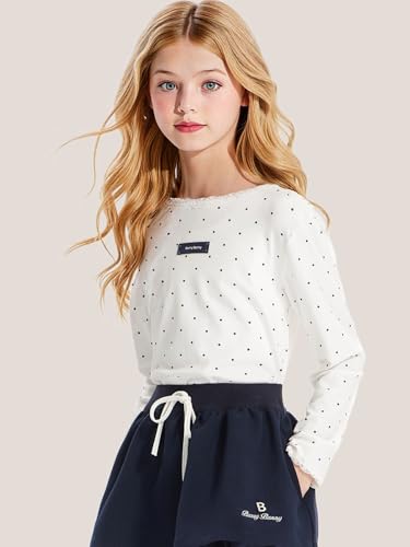 Girls Long Sleeve White Polka Dot Shirt Soft Cotton Crewneck Blouse with Lace Trim, Cute Casual Fall Top for Kids 6-16Y3