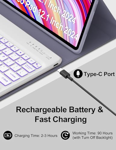 Image of Keyboard Case for Redmi Pad Pro / Xiaomi Poco Pad 12.1 Inch Case with Backlit Keypad, Detachable Wireless Key Board Cover with Pen Holder for Xiaomi Redmi Pro 12.1 inch 2024, 7-Color Backlight, Lavender