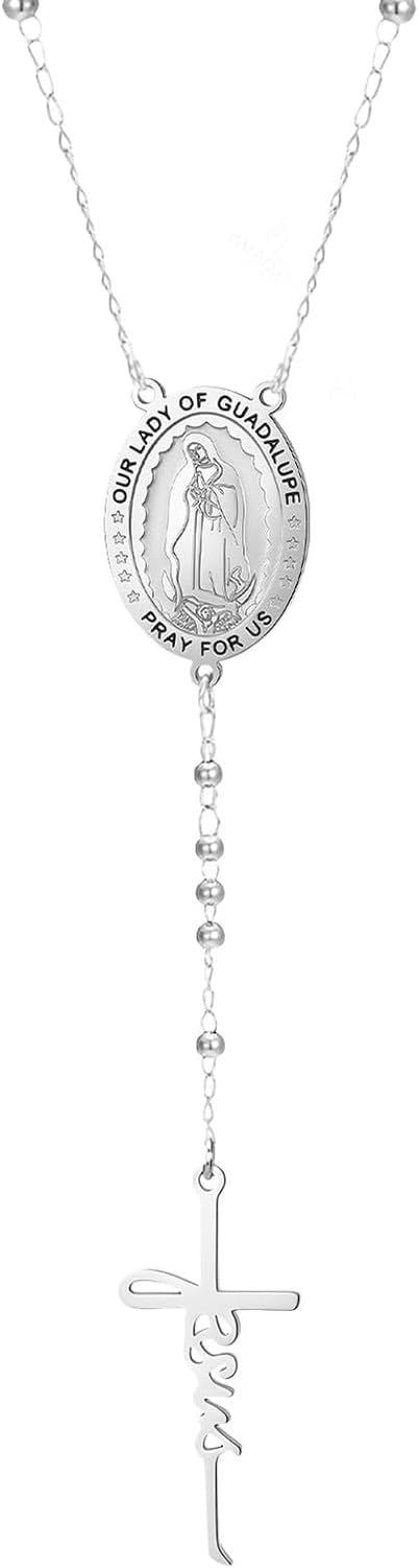 HURUMA Mary Necklace Stainless Steel Rosary Bead Jesus Cross Pendant Adjustable Y Chain Crucifix Jewelry for Women Faith Religious Gift Christian Catholic, Silver 3