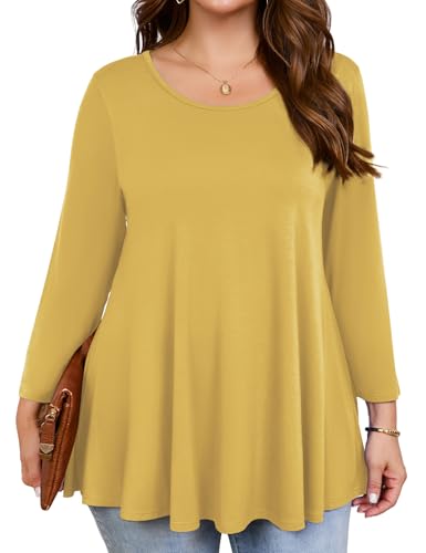 JollieLovin Womens 3/4 Sleeve Loose Fit Swing Tunic Tops Basic T Shirt(3X,Yellow)