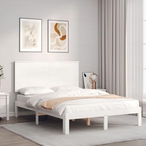 vidaXL Solid Pinewood Bed Frame Base with Plywood Slats and Stylish Headboard - White, 120x200 cm