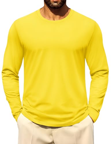 Cotrasen Long Sleeve Shirts for Men Cotton Long Sleeve Tee Shirts Crew Neck Lightweight Moisture Wicking Soft Casual Basic T-Shirts Yellow XL
