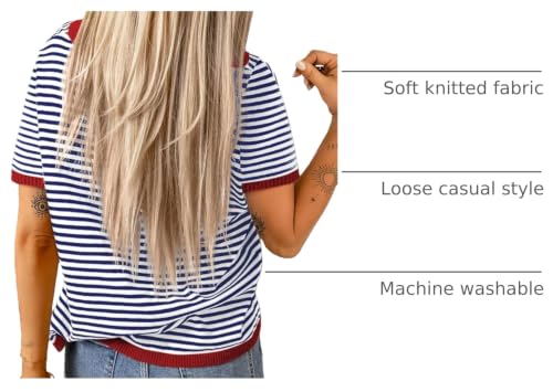 Image of Dokotoo Womens Tops 2026 Casual Summer Crewneck Short Sleeve Striped Color Block Knit High Low Trendy Pullover Sweaters