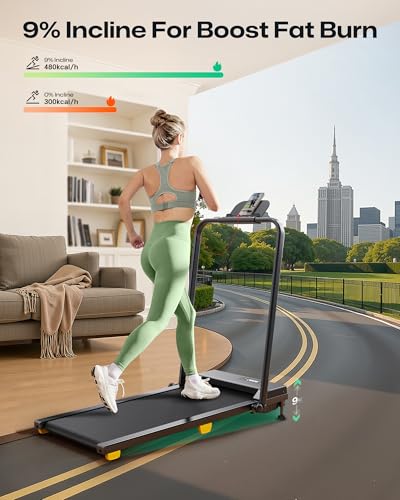 UREVO Walking Pad, 9% Incline Under Desk Treadmill with HIIT Program for Home and Office, 3 in 1 Foldable Treadmill with Remote Control, LED Display