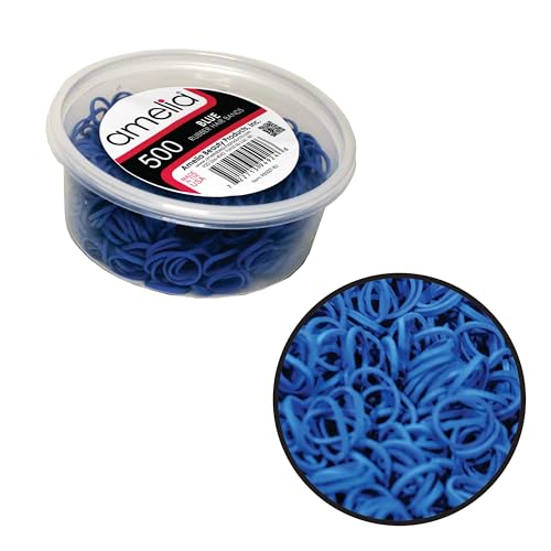 Amelia Beauty 500 Count Small Rubber Bands for Hair – ½" Blue- Made in USA - Recloseable Container - Mini Hair Elastics for Braids, Ponytails, Cornrows & Twists – Strong Hold Ponytail Holders
