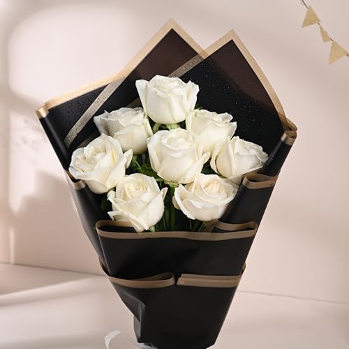 Image of FlowerAura Premium Fresh Live Flower Bouquet of 8 White Roses In Designer Paper Gift For Birthday | Anniversary | Love | Home Decor | Fathers Day Gift For Dad (Same Day Delivery)
