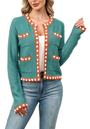 Image of Cropped Cardigan for Women Open Front Jackie O Sweater Jacket Button Down Fall Chunky Knit Coats