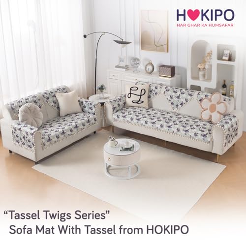 Image of HOKIPO Lavender Vine Quilted Sofa Cover 5 Seater Set with Tassels - Washable 3+2 Sofa Cover Mat |'Tassel Twigs' Series (IN-985-T1 + IN-983-T1)