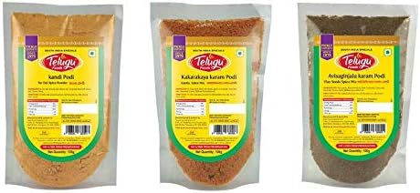 Swetha Telugu Foods Combo of Spice Powders (Tur Dal Spice Mix(Kandi Podi) 100g, Flax Seeds Spice mix (Avisaginjalu Karam Podi) 100g, Karela Spice Mix (Kakarakaya Karam Podi) 100g)