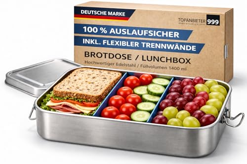 Fiambrera Premium de 1400 ml de Acero Inoxidable – Fiambrera a Prueba de Fugas con Compartimentos, Bento Box Sostenible o Fiambrera para Niños y Adultos - Incluye Tapa Hermética para Fiambrera