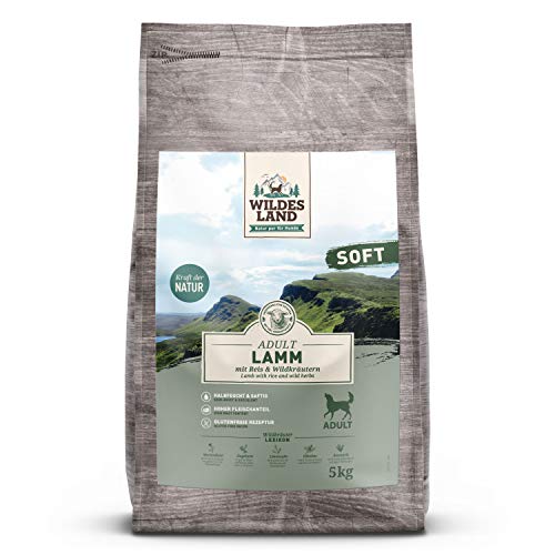 Wildes Land - Halbfeuchtes Trockenfutter für Hunde - Lamm - 5 kg -Soft mit Reis und Wildkräutern - Glutenfrei - Extra viel Fleisch - Für alle Hunderassen - Beste Akzeptanz