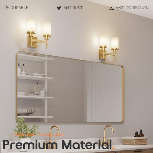 Image of Vanity Lighting Fixtures with White Frosted Glass Shade, Double Wall Lamps for Bathroom Mirror Bedroom Living Room Washroom Porch, Gold T001GD-L2