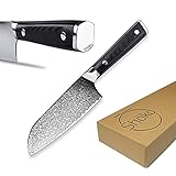 Shoko® Damastmesser Slim Santoku I Persönliche Gravur möglich I Kochmesser Japanische Form - Scharfe 2mm Klinge I Damast-Küchenmesser mit patentiertem Griff - Ermüdungsfreies Schneiden I Chefmesser