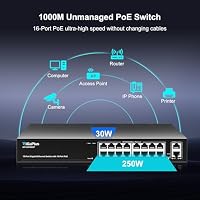 18 Port Gigabit PoE Switch with 16 Port PoE+ 1000Mbps, 2x1000Mbps Uplink, GiGaPlus 18 Port IEEE802.3af/at PoE @250W, Support VLAN, Metal Housing, Desktop or Wall-Mount, Plug & Play – Ansicht 4