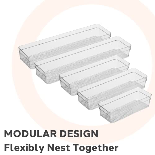 Image of Oggi Set of 5 Clear Drawer Organizers - (1) 3x6.25, (2) 3x9.5, (2) 3x12.5 - Ideal for Organizing Kitchen Drawers, Office, Desk, Silverware, Kitchen Utensils, Cosmetics and Bathrooms
