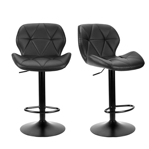 WangPangzi Bar Stools Set of 2 Bar Chairs Modern Height Adjustable Kitchen Stools With Backs Swivel Faux Leather Kitchen Island Chairs(All Black)