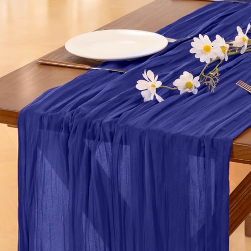 Image of Socomi Royal Blue Summer Cheesecloth Table Runner Boho Rustic Gauze 120 inch 10FT Cheese Cloth Sheer Runner for Wedding Party Baby Shower Birthday Home Decor Holiday Decorations