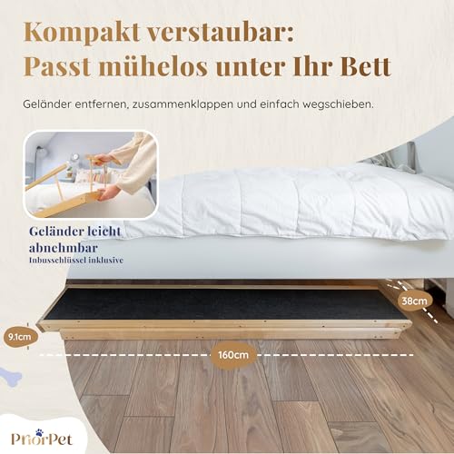 Hunderampe Bett PRIORPET aus Birkenholz mit Sicherheitsgeländer - Höhenverstellbare hundetreppe für Betten bis zu 94.5cm - Klappbar - Anti-Rutsch-Griff - Für kleine Hunde bis zu 23kg - Naturel
