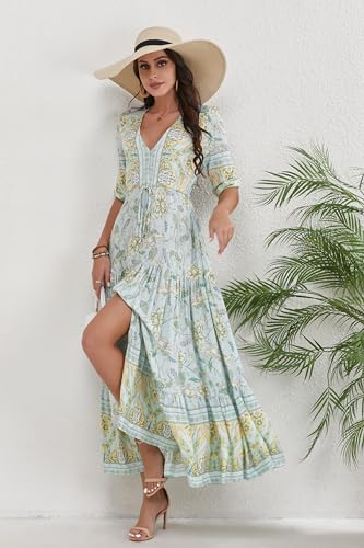 Image of Women Short Sleeve V Neck Floral Print Casual Bohemian Maxi Dresses