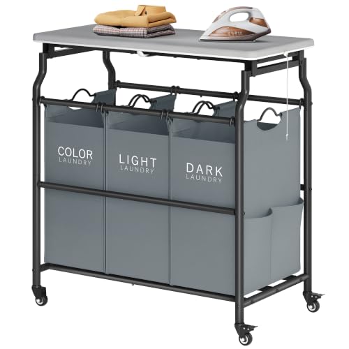 Hoctieon 3 Section Laundry Sorter with Iorning Board, Laundry Hamper, Gray