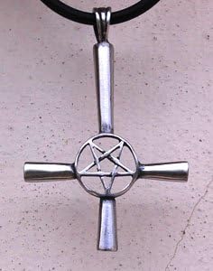 INVERTED CROSS PENTAGRAM STAR Pewter Pendant w Choker Necklace