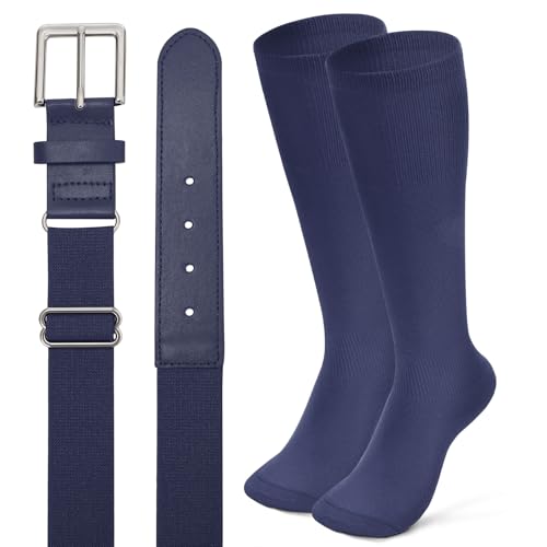 XZQTIVE Baseball Softball Socks and Baseball Softball Belt Combo Set Knee-High Soccer Socks for Kids Youth Adult,Navy