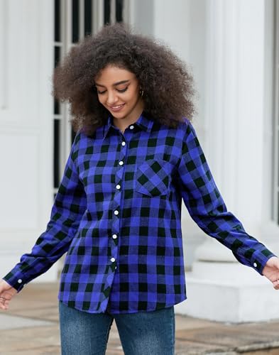 Image of SANGTREE Women and Girls Long Sleeve Flannel Casual Button Down Plaid Shirt