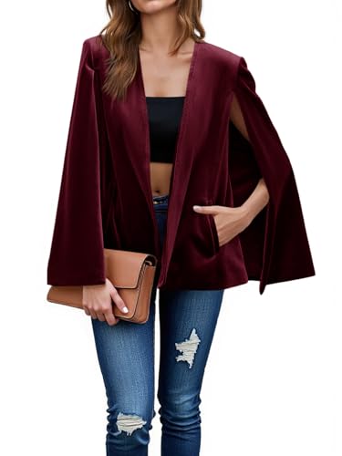 Cicy Bell Women's Velvet Cape Blazer Jackets Casual Split Long Sleeve Open Front Coat Burgundy