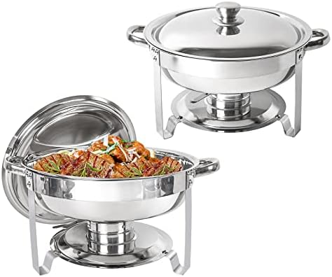 IMACONE Chafing Dish Buffet Set of 2 Pack, 5QT Round Stainless Steel Chafer for Catering, Upgraded Chafers and Buffet Warmer Sets with Food & Water Pan, Lid, Frame, Fuel Holder for Event Party Holiday