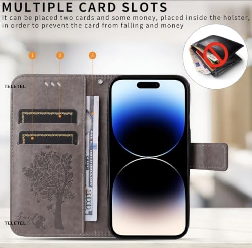 Image of TELETEL for Samsung Galaxy S25 Ultra Premium Vegan Leather Flip Cover | Card Cash Holder Wallet Case | Magnetic Closure (Grey Embossed Tree)