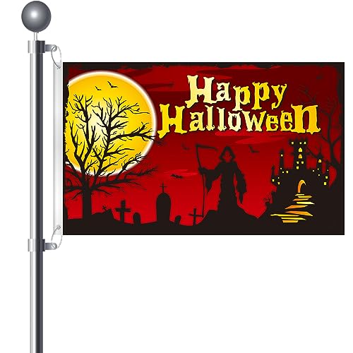 Halloween Flag 5 x 3 Ft Happy Halloween Decorations Large Flag Banner With Tombstone Bat Ghost Garden Flags for Indoor Outdoor Home Party Yard Festival Supplies Double Stitched with Brass Grommets
