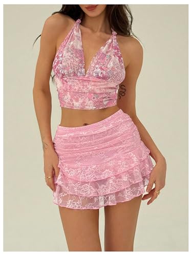 MakeMeChic Women's Floral Lace Mini Skirt Ruched Tiered Ruffle Y2k Skirts4