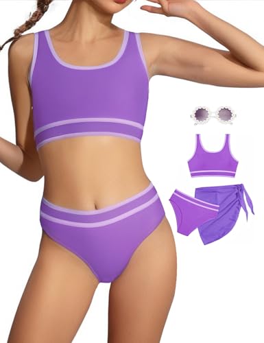 Image of Teen Girls Swimsuit High Waist Sporty Bikini Bathing Suits with Cover Up Skirt and Sunglasses 4 Piece Set 8-15 Years