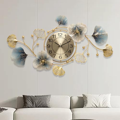 TANWO Large Wall Clocks for Living Room Decor, 361° Rotate Modern Gold Wall Clock Metal Ginkgo Leaf Silent Decoration Wall Clock for Bedroom Home (33x19 Inch)