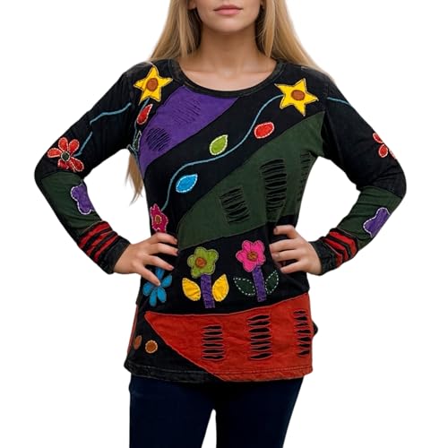 Agan Traders 2025 Winter Rib Knit Cotton Bohemian Tops for Women - Funky Patch Retro Hand Embroidered Blouse T-Shirts (R-252, L, 252) Multi