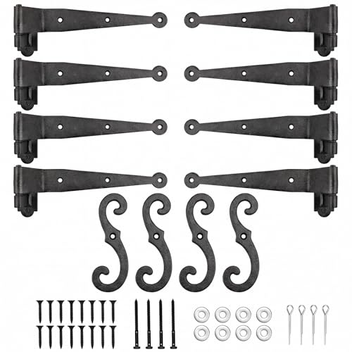 Image of 8 Pack (4 Pair) Steel Blind Shutter Hinges Set 11.75 Inch Black Wrought Iron Shutter Offset Pintle Strap Hinge with 4 S-Hooks, Heavy-Duty Rust-Resistant Hardware Kit