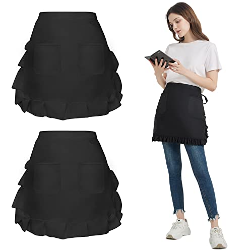 FunChaos 2 Packs Cute Ruffles Waist Apron, Waterproof Half Apron with 2 Pockets, Retro Short Apron for Kitchen, Restaurant, Bistro, Cooking, Gardening, Cleaning, Work (Black)