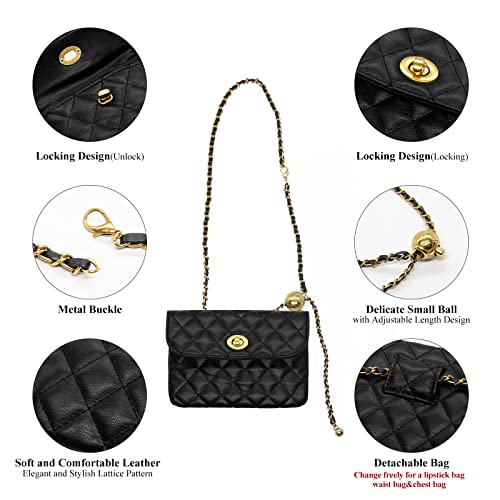 Handtasche Damen Klein Umhängetasche Schultertasche Leder Crossbody mit Verstellbarem Gürtel Kette Gesteppt Mädchen Reisen Schwarz