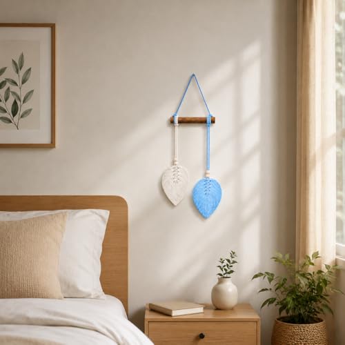 Image of AdFashionble Boho Macrame Wall Hanging Leaf Decor for Home, Living Room & Bedroom | Cotton Thread Art with Wooden Rod | Minimalist Handmade Wall Decoration | Aesthetic Nordic Wall Art for Home, Office & Gift Purpose Lenght- 58 cm Width- 15 cm (LIGHT BLUE & OFFWHITE)