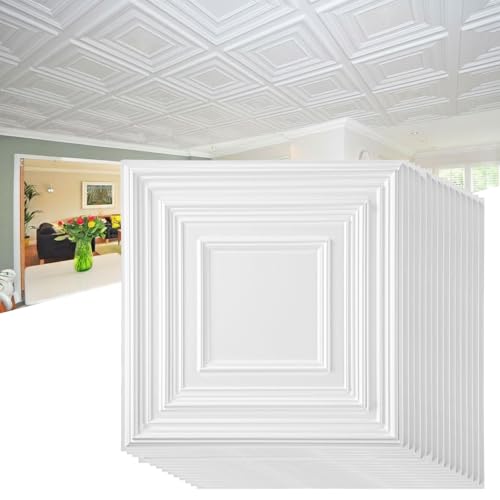 Nuanchu 60 Pcs Drop Ceiling Tiles 12 x 12 Inch PVC White Ceiling Tiles Glue up Cuttable Paintable DIY Wall Panels 3D Decorative for Bathroom Interior Kitchen TV Background, Cover 58 Sq. ft