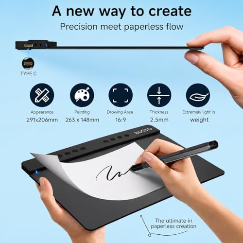 Image of BOSTO T1060K Graphics Drawing Tablet 10X6 inch with 16K Pen Levels Battery-Free Pen, 8 Multimedia Keys and, Support Android, Windows Ideal Use for Distance Education and Wed Conference (Black)
