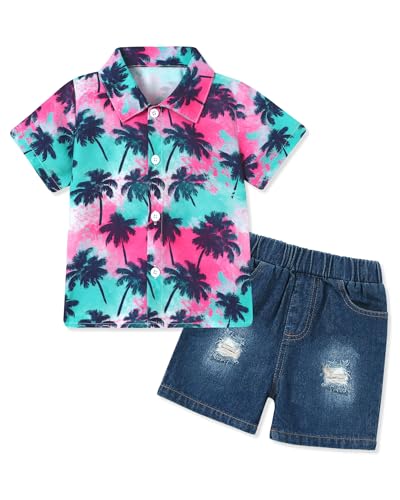 Coco&RARA Toddler Baby Boy Clothes Summer Beach Outfits Hawaiian Short Sleeve Button Down Shirts+Denim Shorts Casual Set 1-5T