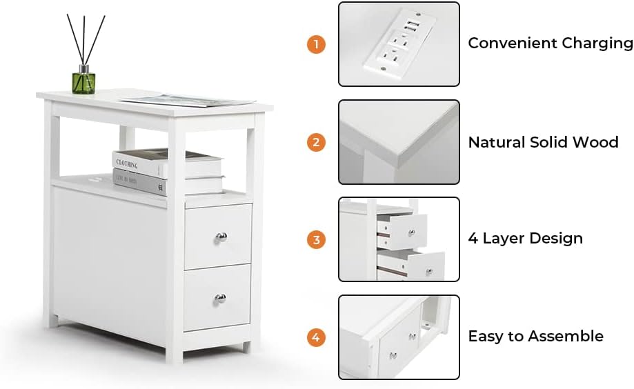 Miniatura 5 de Sandinrayli Juego de 2 mesas auxiliares, mesitas de noche para sala de estar con estación de carga, mesa auxiliar estrecha con 2 cajones, mesitas de