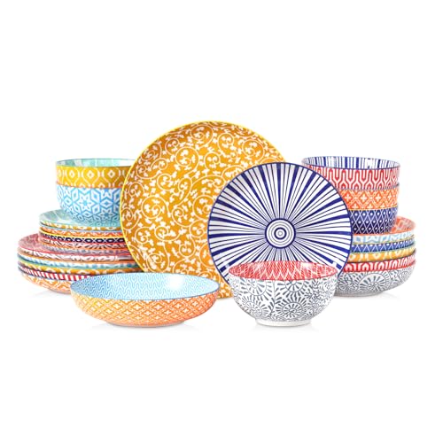 Image of Selamica Ceramic Plates and Bowls Sets,24 Pieces Dinnerware Sets for 6,Scratch Resistant Dish Set for holiday gathering,Dishwasher & Microwave Safe, Assorted Colors